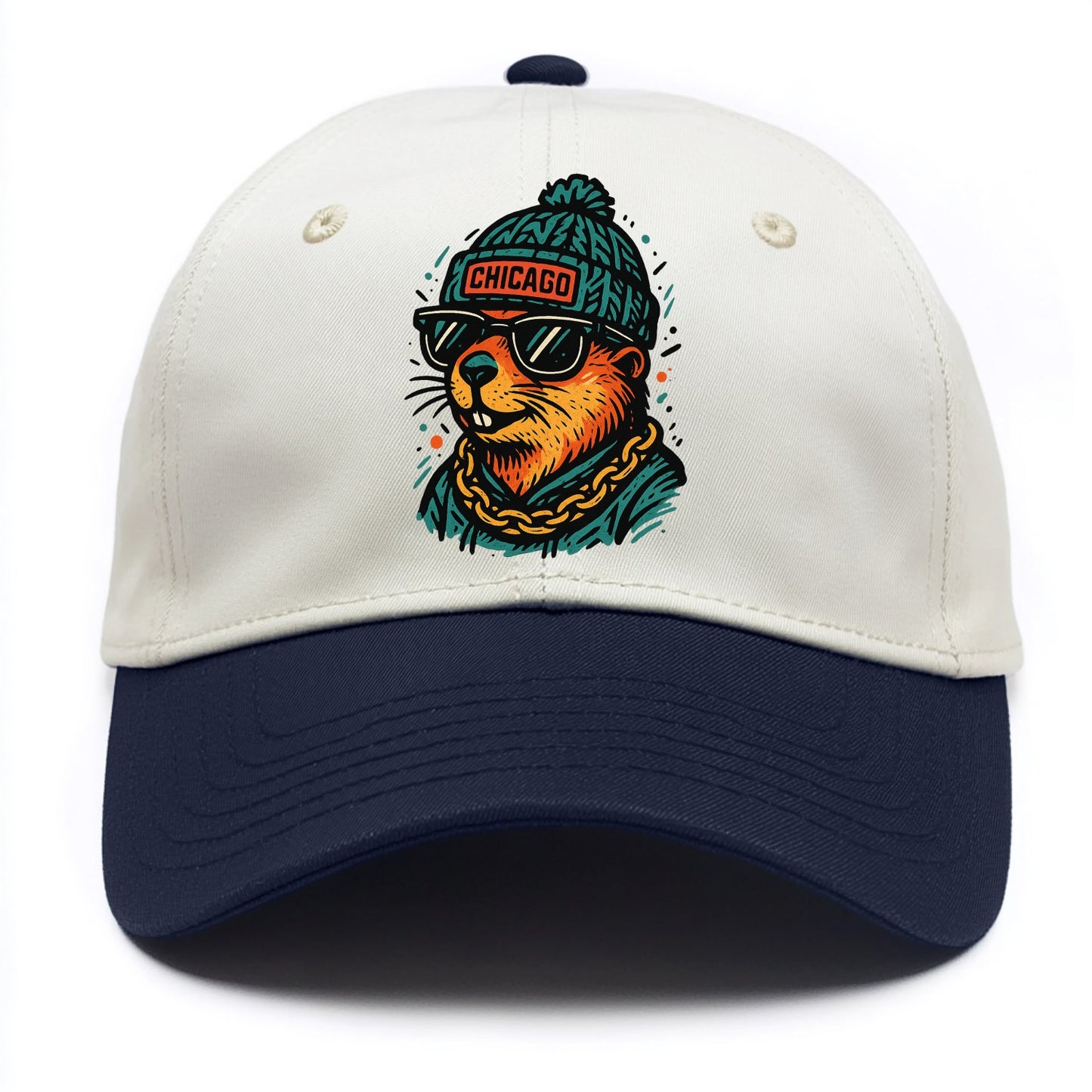 Illinois Prairie Dog wearing Chicago beanie with pom pom and wayfarer sunglasses - Two Tone Cap - Navy
