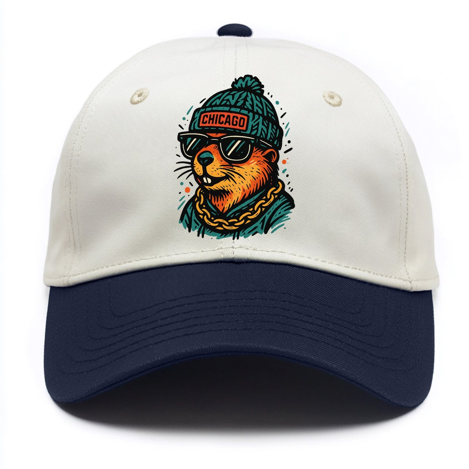 Illinois Prairie Dog wearing Chicago beanie with pom pom and wayfarer sunglasses - Two Tone Cap - Navy