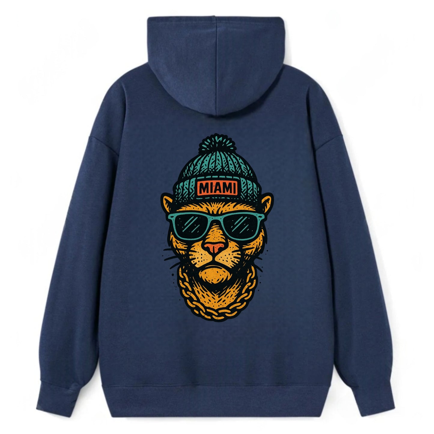 Florida Panther wearing Miami beanie with pom pom and wayfarer sunglasses - Classic Pullover Hoodie - Navy