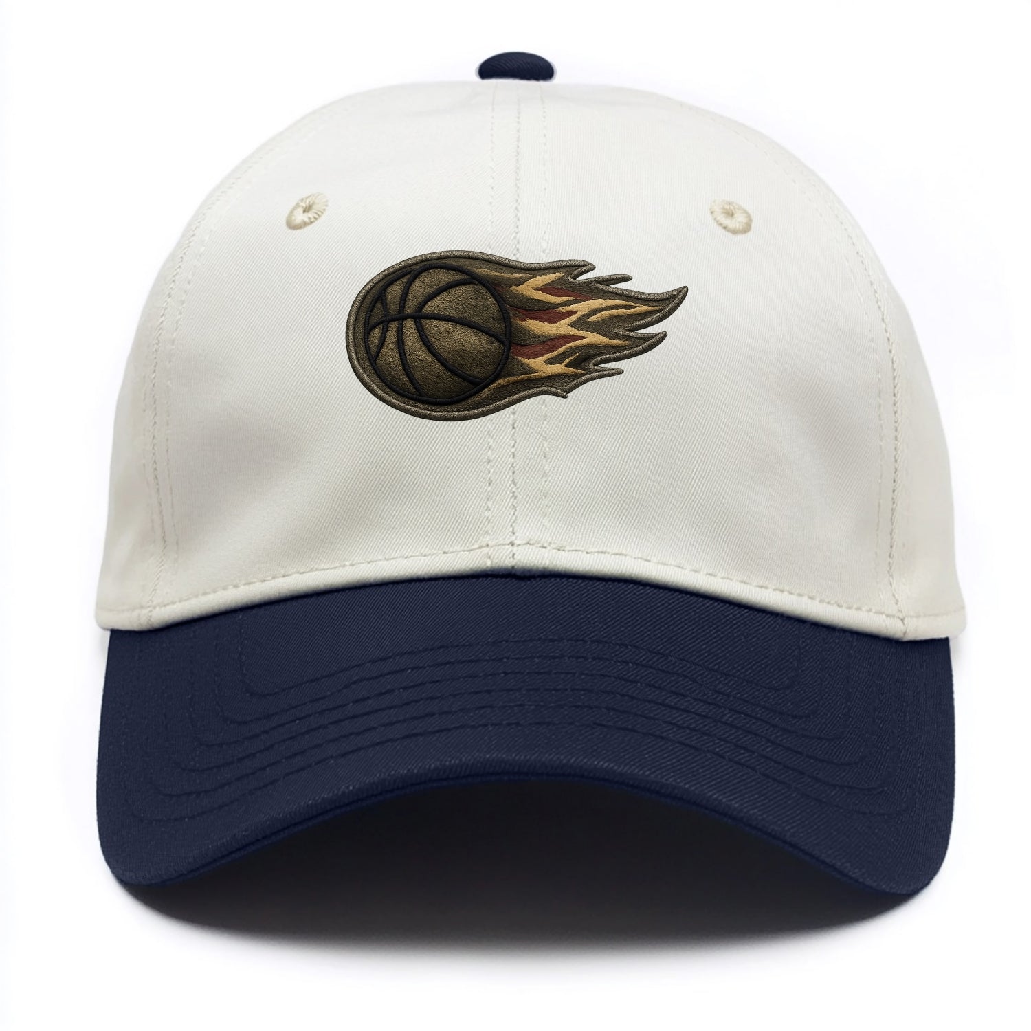 Embroidered patch design - BASKETBALL FLAMING BALL - basketball with flames in - Two Tone Cap - Navy