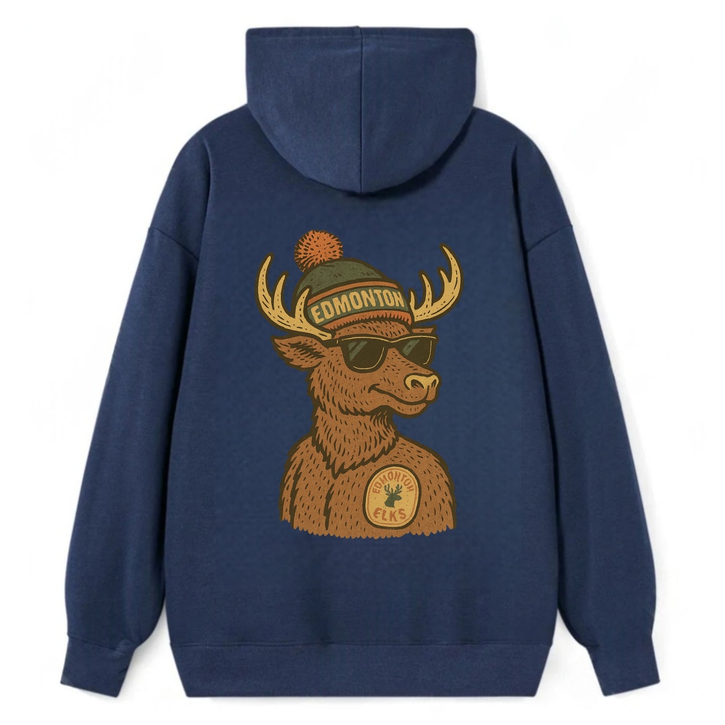 Edmonton Elk wearing Edmonton beanie with pom pom and wayfarer sunglasses - Classic Pullover Hoodie - Navy