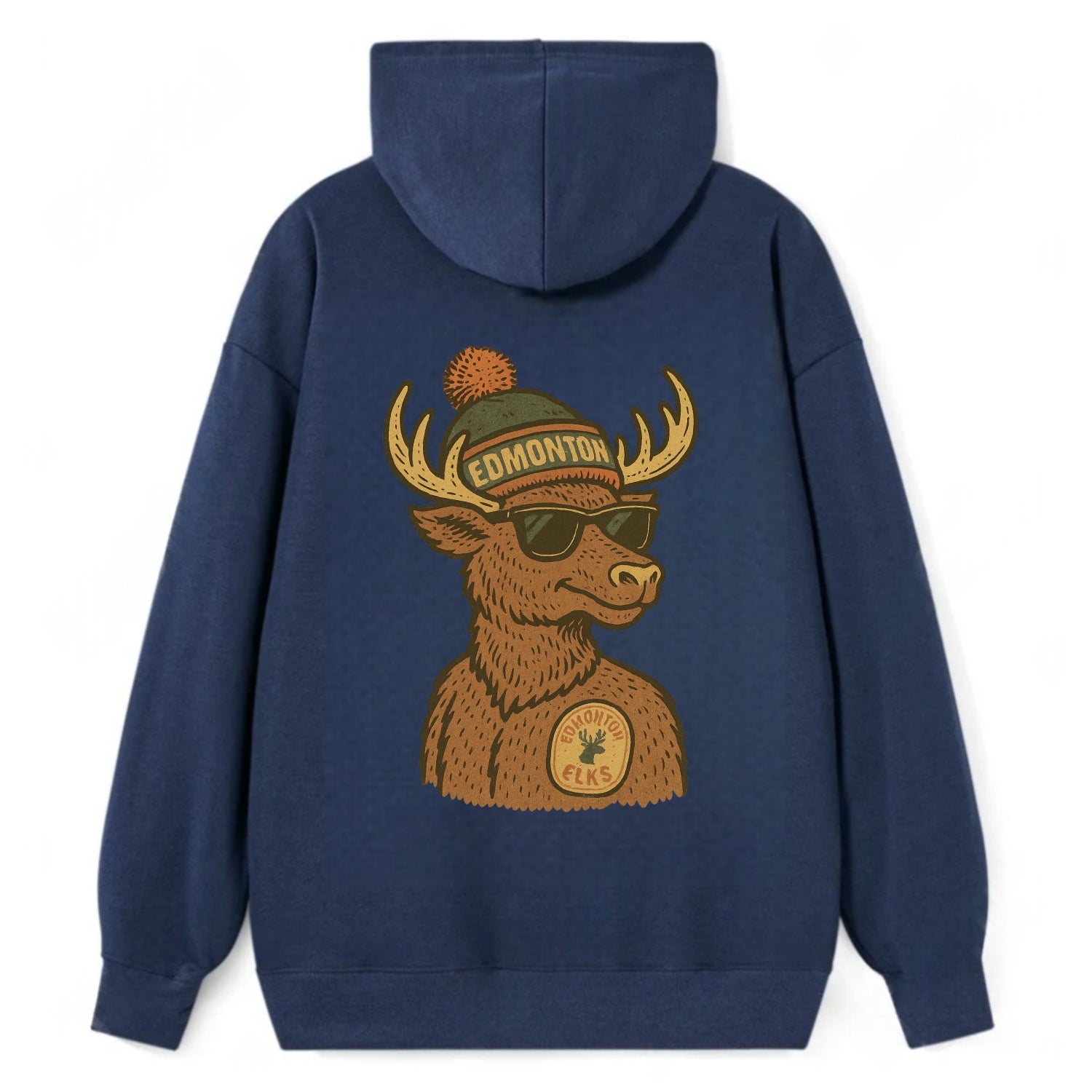 Edmonton Elk wearing Edmonton beanie with pom pom and wayfarer sunglasses - Classic Pullover Hoodie - Navy