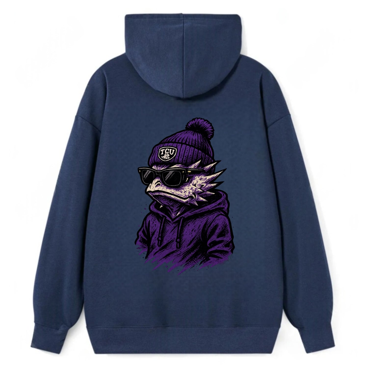 Fort Worth Horned Frog wearing TCU beanie with frog patch - Classic Pullover Hoodie - Navy