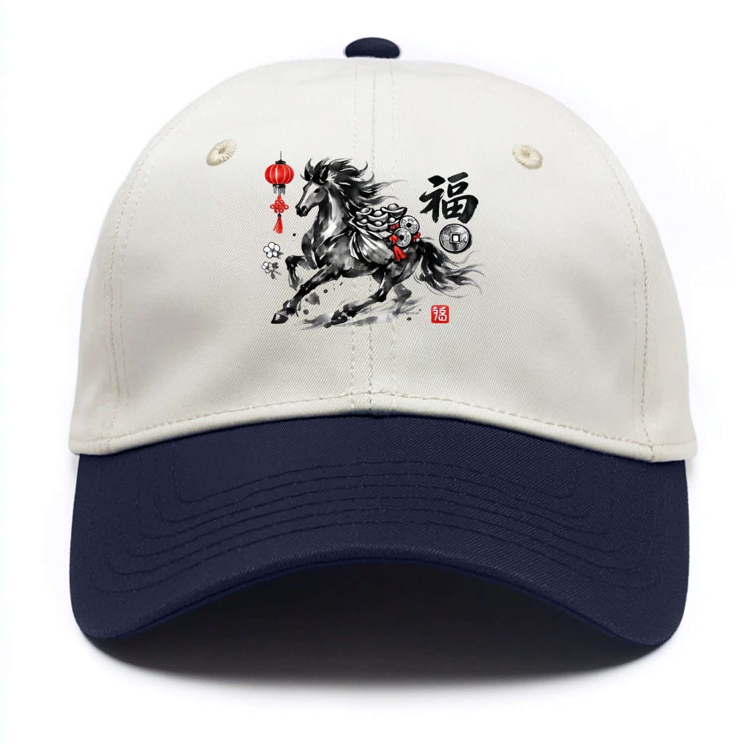 PROSPERITY HORSE | Horse carrying gold ingots and coins | Chinese knot decorations | - Two Tone Cap - Navy