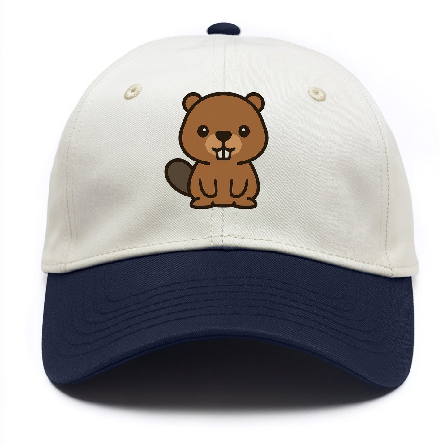 Baby Beaver - brown fur, paddle tail, buck teeth, friendly eyes, front-facing, - Two Tone Cap - Navy