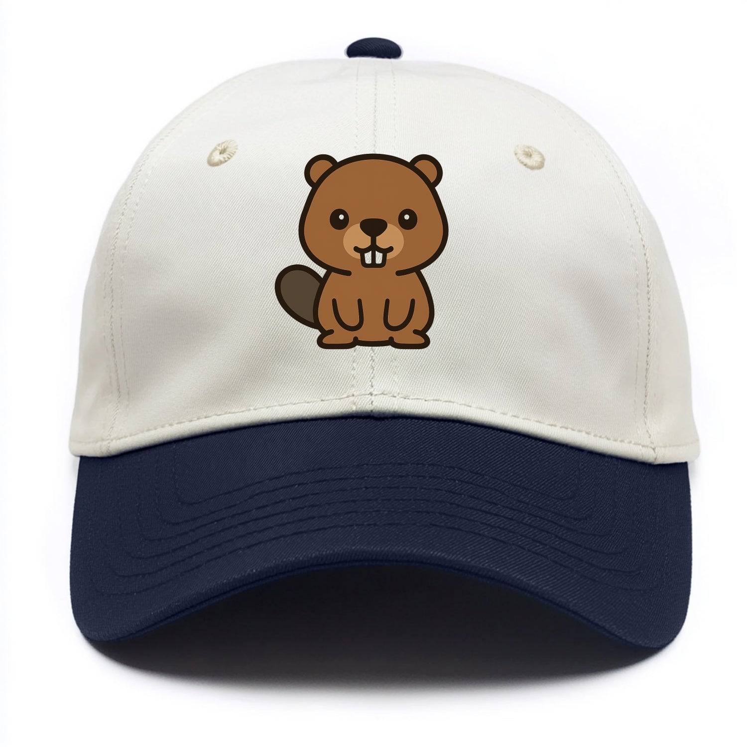 Baby Beaver - brown fur, paddle tail, buck teeth, friendly eyes, front-facing, - Two Tone Cap - Navy