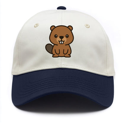 Baby Beaver - brown fur, paddle tail, buck teeth, friendly eyes, front-facing, - Two Tone Cap - Navy