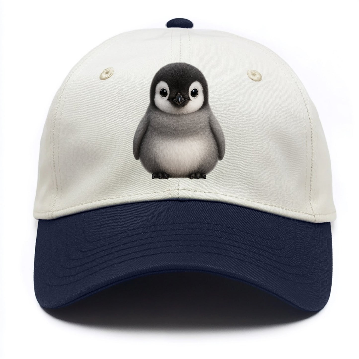 Baby Adelie Penguin - black and white, round body, curious eyes, front-facing, - Two Tone Cap - Navy