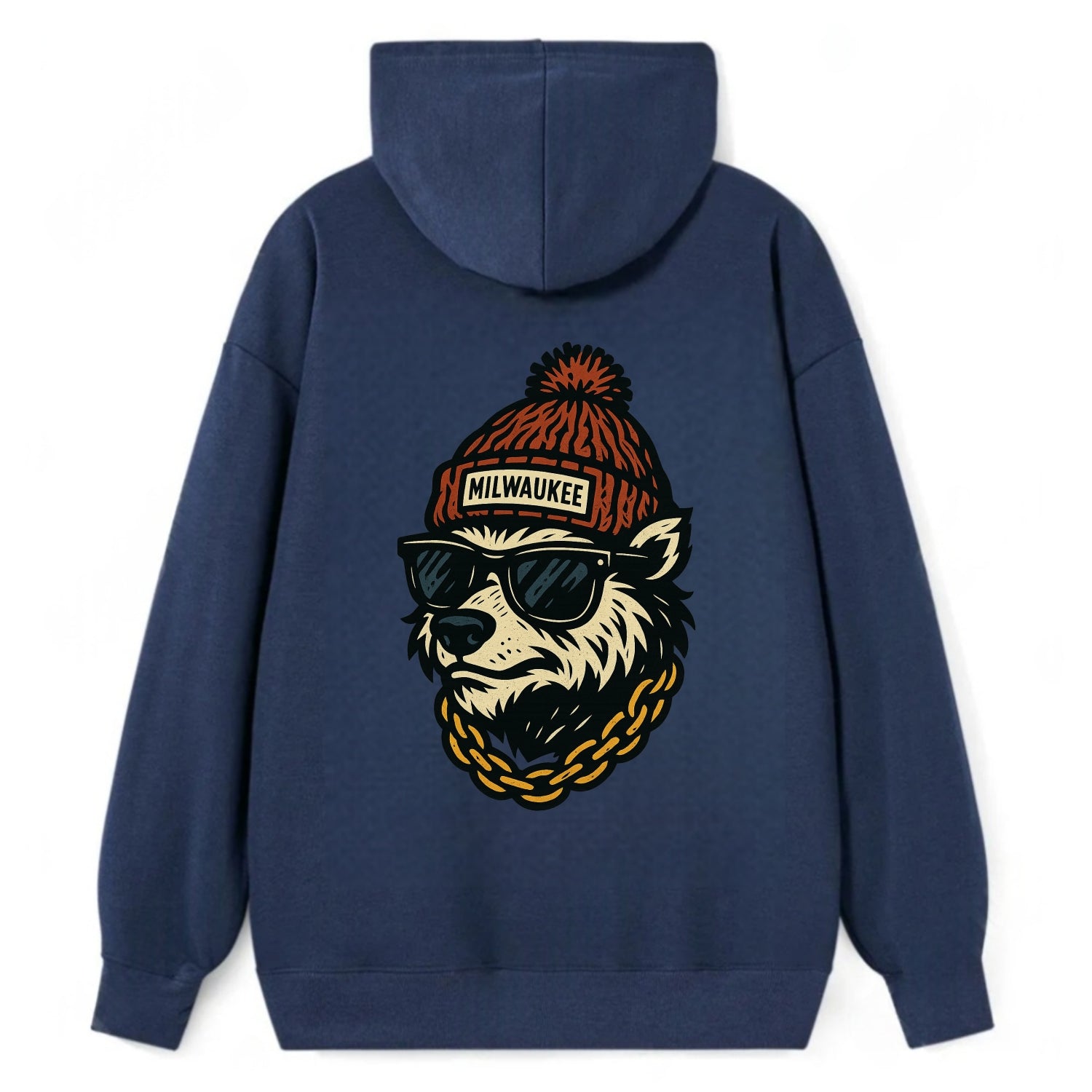 Milwaukee Badger wearing Milwaukee beanie with pom pom and wayfarer - Classic Pullover Hoodie - Navy