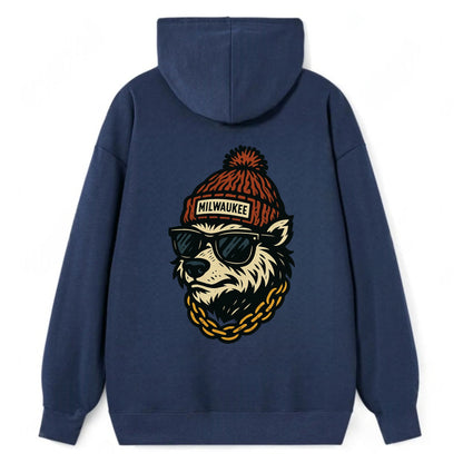 Milwaukee Badger wearing Milwaukee beanie with pom pom and wayfarer - Classic Pullover Hoodie - Navy