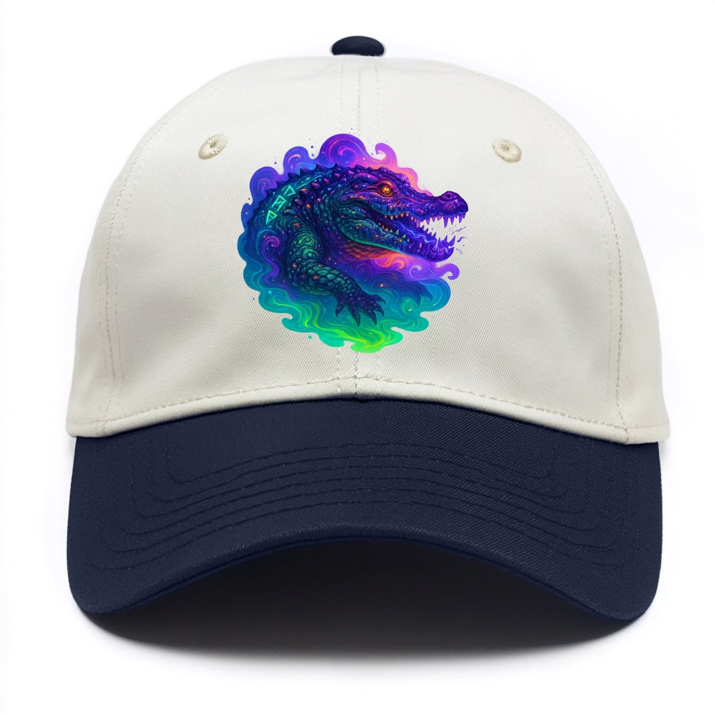 Primordial crocodile with scales pulsing plasma energy in green and purple, ancient - Two Tone Cap - Navy