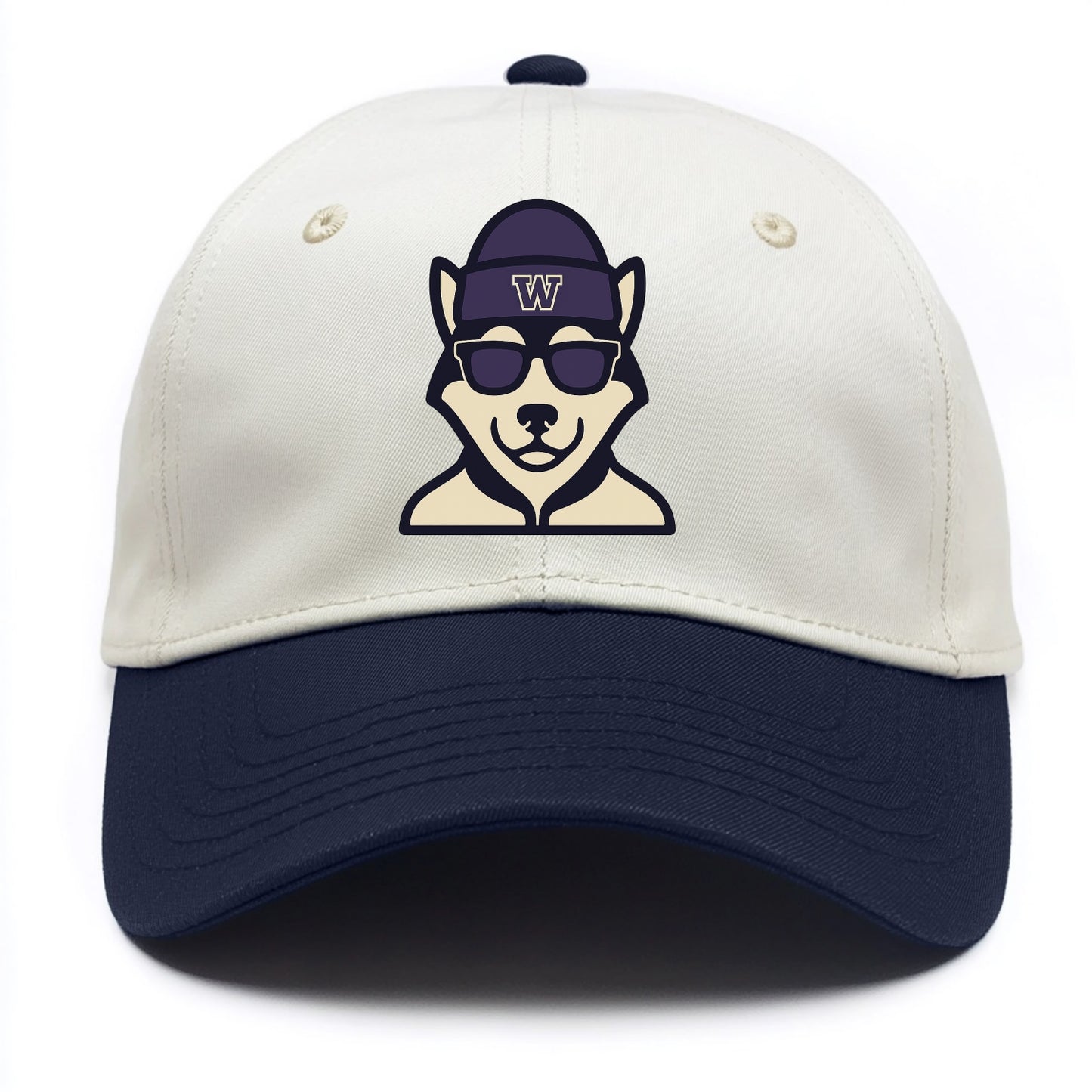 Seattle Husky wearing Washington beanie with W patch - Two Tone Cap - Navy
