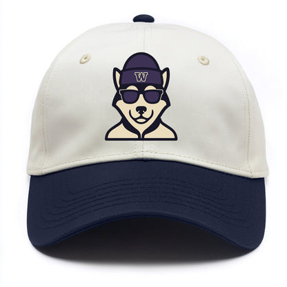 Seattle Husky wearing Washington beanie with W patch - Two Tone Cap - Navy