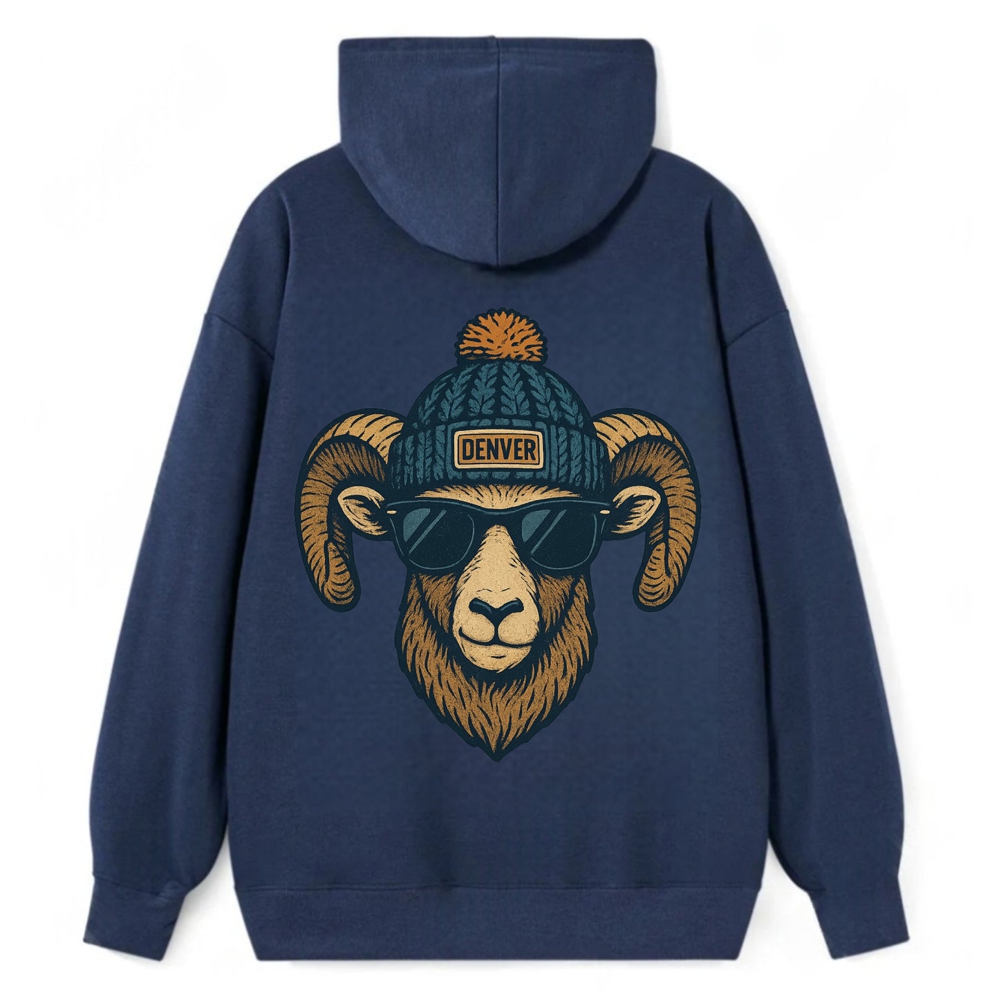 Colorado Rocky Mountain Bighorn Sheep wearing Denver beanie with pom pom - Classic Pullover Hoodie - Navy