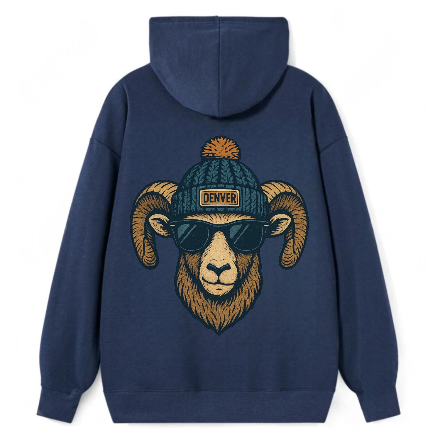 Colorado Rocky Mountain Bighorn Sheep wearing Denver beanie with pom pom - Classic Pullover Hoodie - Navy