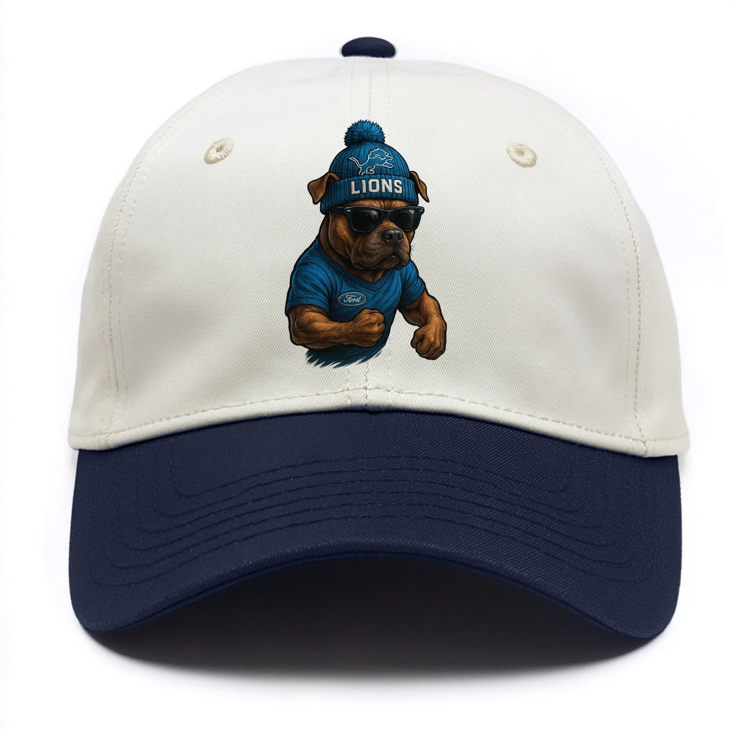Detroit Pitbull wearing Lions beanie with auto patch and wayfarer sunglasses - Two Tone Cap - Navy