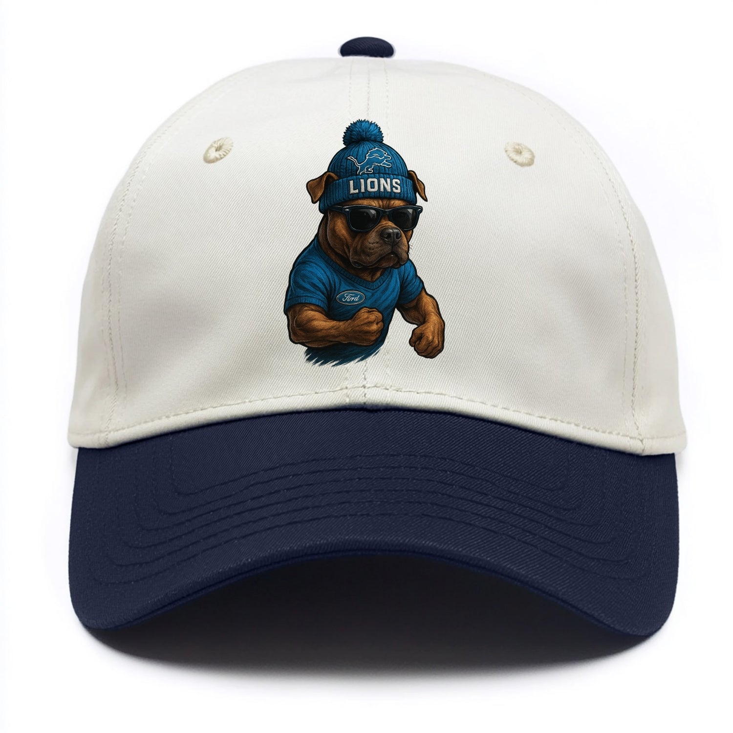 Detroit Pitbull wearing Lions beanie with auto patch and wayfarer sunglasses - Two Tone Cap - Navy