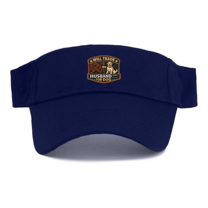 WILL TRADE HUSBAND FOR DOG - dog and man silhouette in brown , pet priority - Visor - Navy