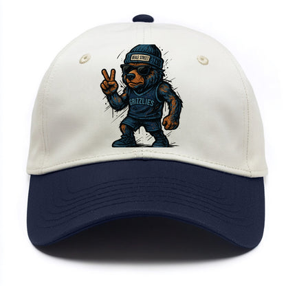 Memphis Grizzly Bear wearing Grizzlies navy and light blue beanie with Beale Street - Two Tone Cap - Navy