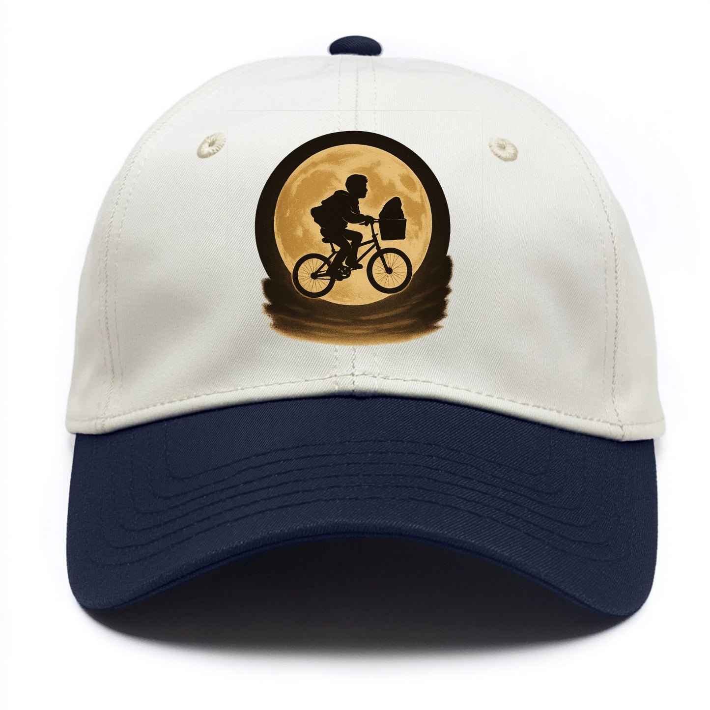 boy with bicycle flying across full moon with silhouette - Two Tone Cap - Navy