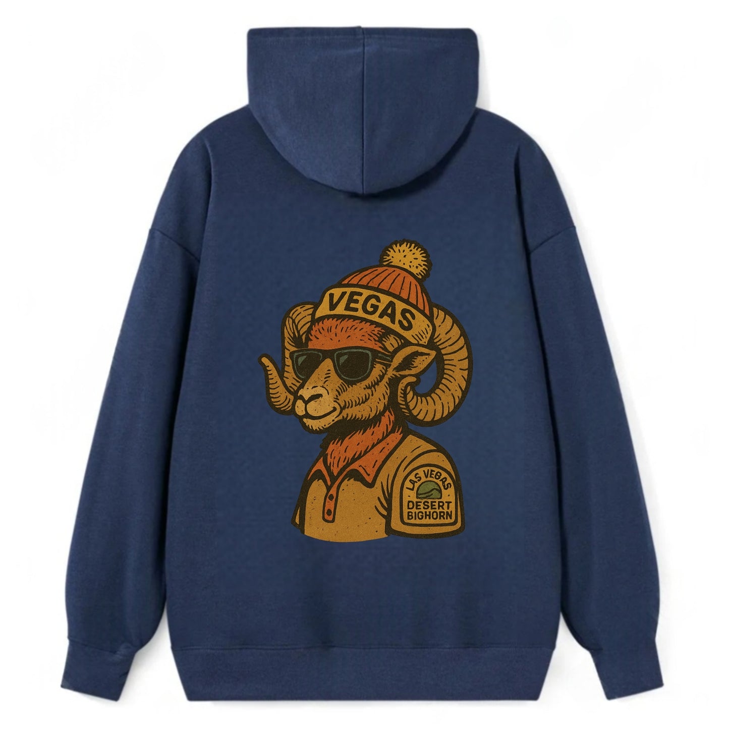 Las Vegas Desert Bighorn wearing Vegas beanie with pom pom and wayfarer - Classic Pullover Hoodie - Navy
