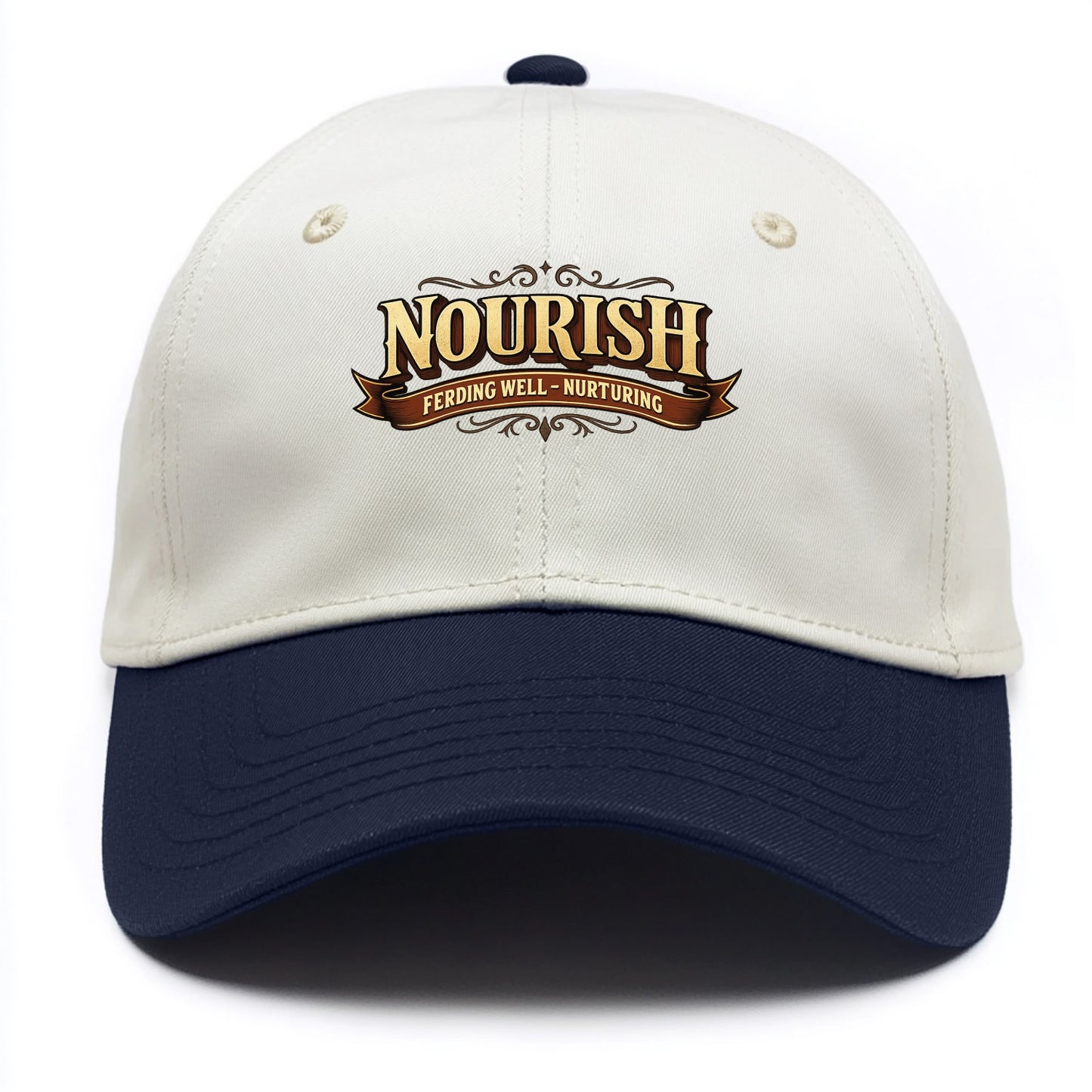 Bold typography design - "NOURISH" - feeding well, nurturing - Two Tone Cap - Navy