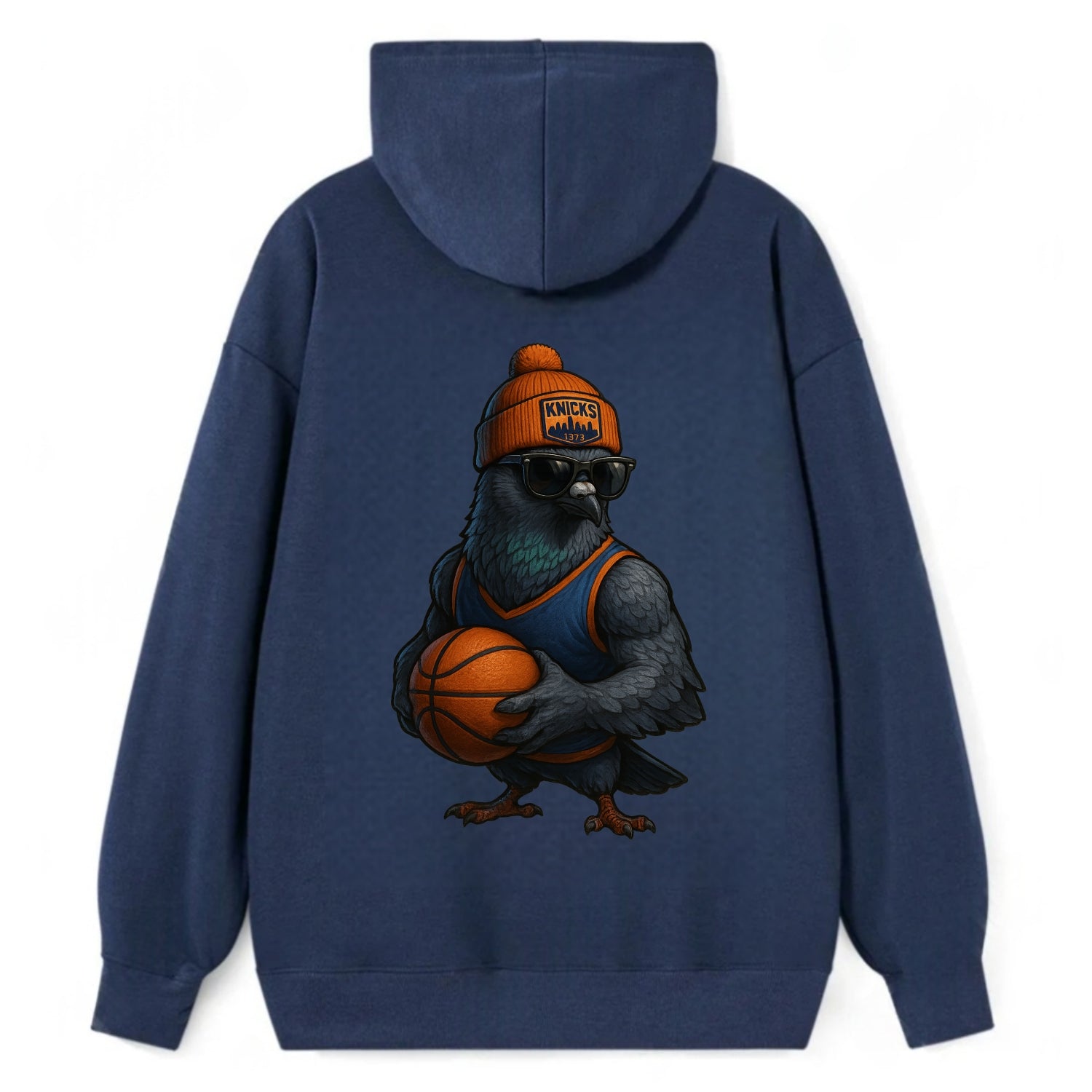 Manhattan Pigeon wearing Knicks beanie with skyline patch and wayfarer - Classic Pullover Hoodie - Navy