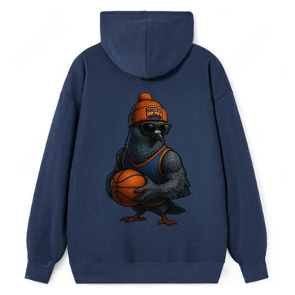 Manhattan Pigeon wearing Knicks beanie with skyline patch and wayfarer - Classic Pullover Hoodie - Navy