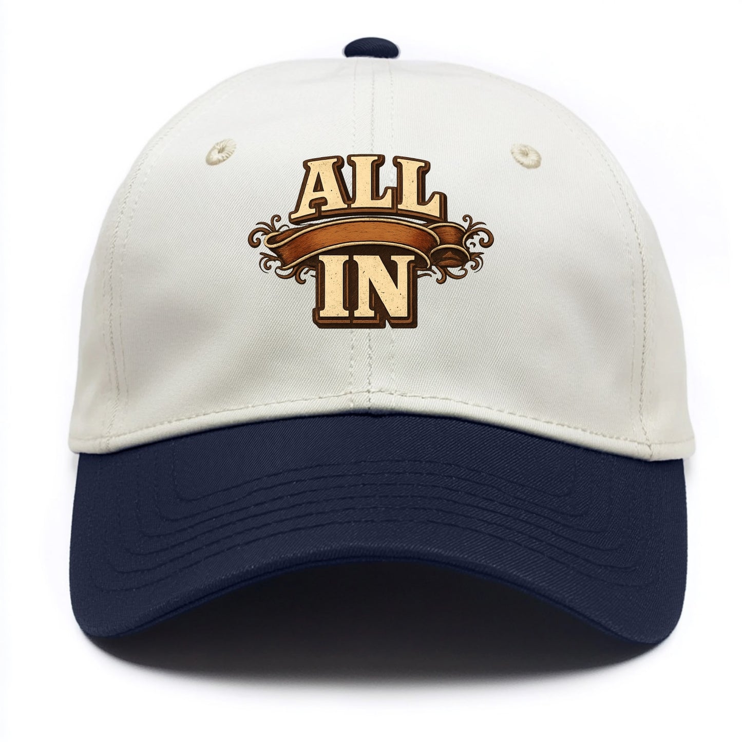 Bold typography design - "ALL IN" - complete commitment, no holding back - Two Tone Cap - Navy