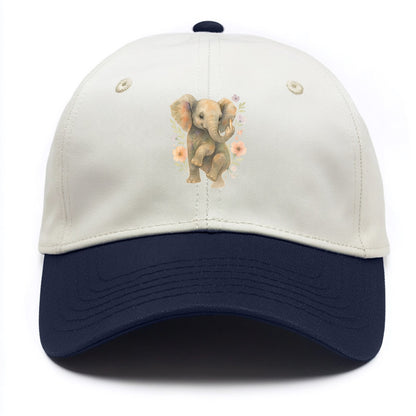 baby elephant with trunk up, one foot raised with middle toe extended - Two Tone Cap - Navy