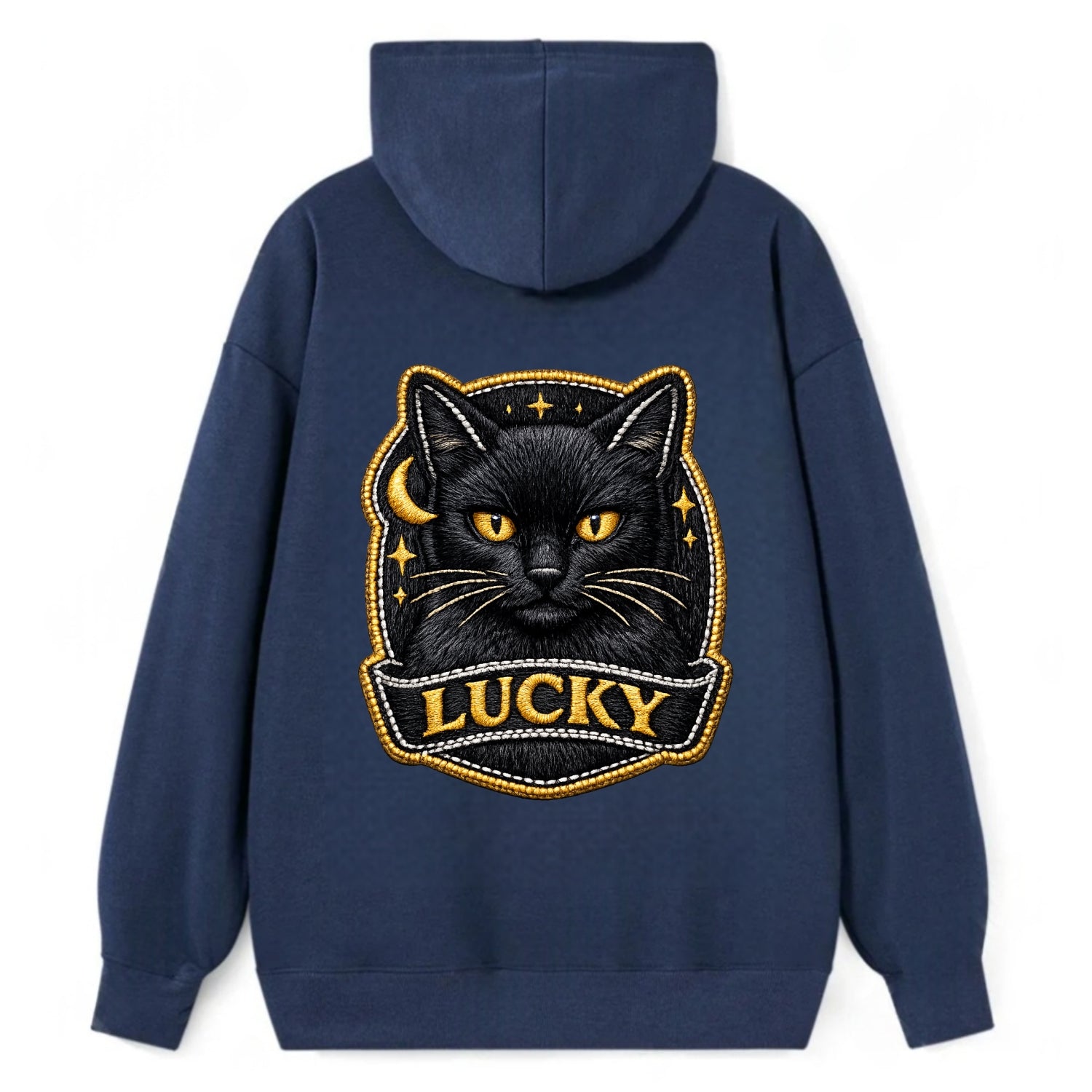 BLACK CAT LUCKY - sleek black cat with gold eyes in black , mysterious - Classic Pullover Hoodie - Navy