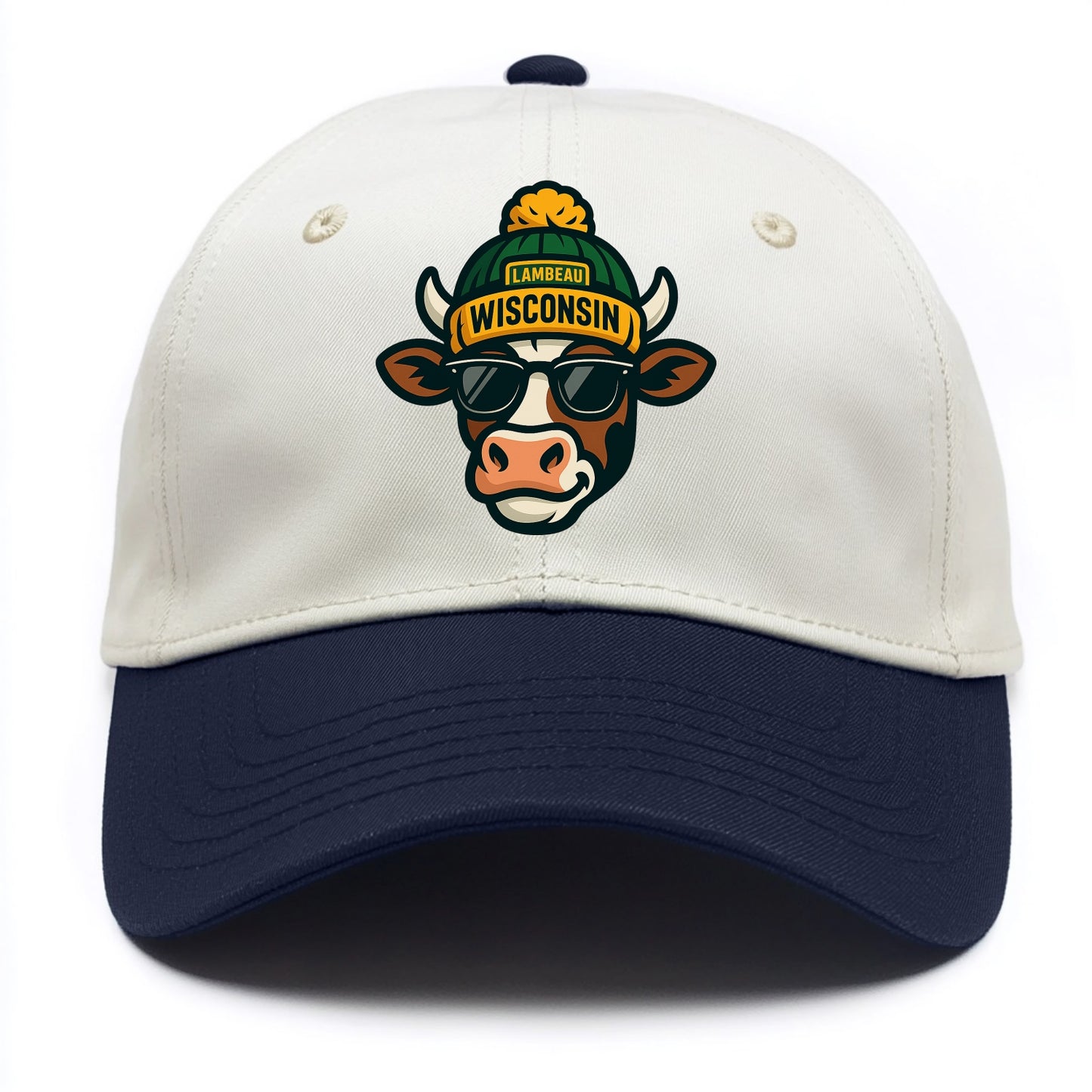 Wisconsin Cow wearing Packers beanie with Lambeau patch and wayfarer sunglasses - Two Tone Cap - Navy