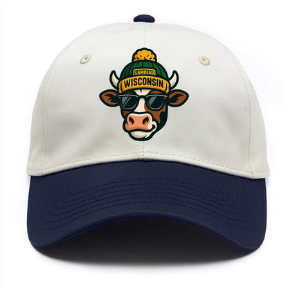 Wisconsin Cow wearing Packers beanie with Lambeau patch and wayfarer sunglasses - Two Tone Cap - Navy