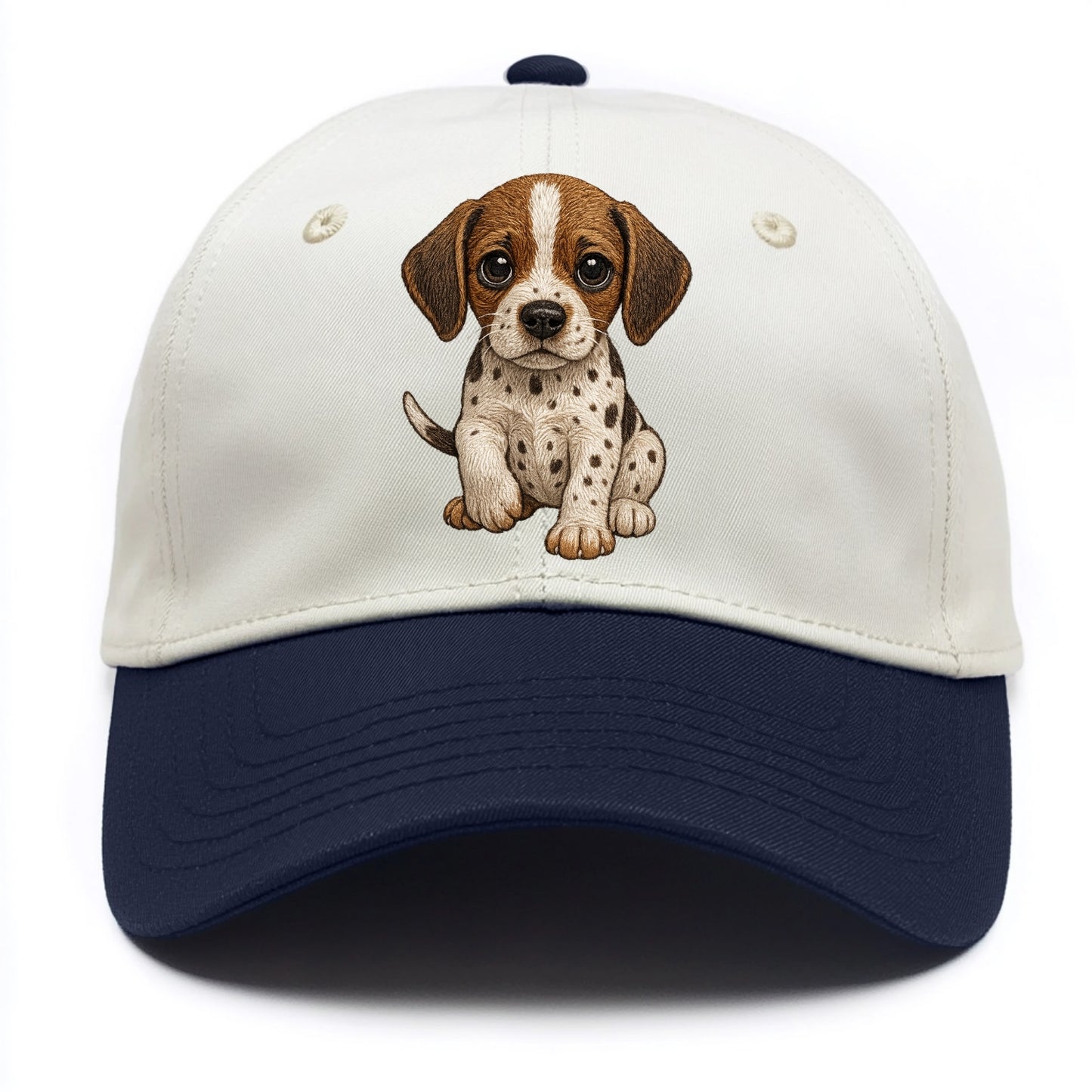 Baby Pointer Puppy - spotted coat, noble stance, alert eyes, front-facing, pointing - Two Tone Cap - Navy