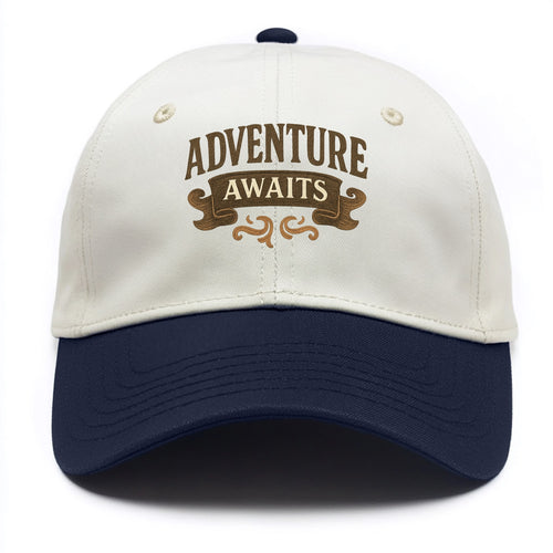 Bold typography design - ADVENTURE AWAITS - excitement ahead, ready for anything - Two Tone Cap