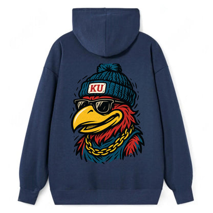 Lawrence Jayhawk wearing Kansas beanie with KU patch - Classic Pullover Hoodie - Navy