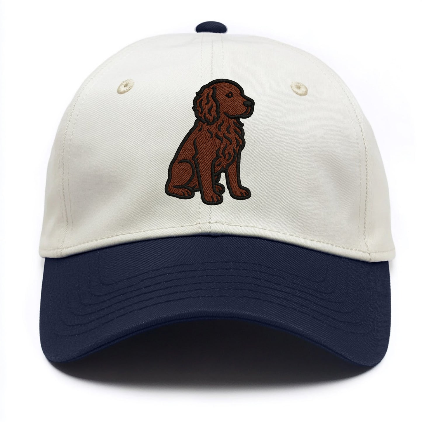 Boykin Spaniel - Rich chocolate brown wavy coat embroidered sitting pose - Two Tone Cap - Navy