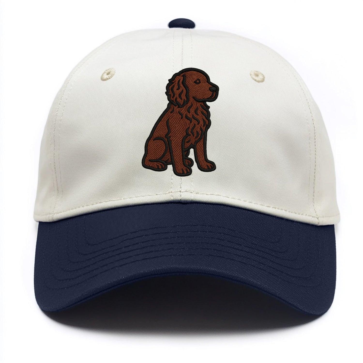 Boykin Spaniel - Rich chocolate brown wavy coat embroidered sitting pose - Two Tone Cap - Navy