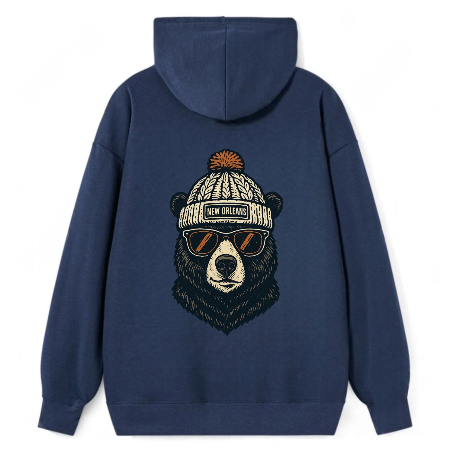 Louisiana Black Bear wearing New Orleans beanie with pom pom and wayfarer - Classic Pullover Hoodie - Navy