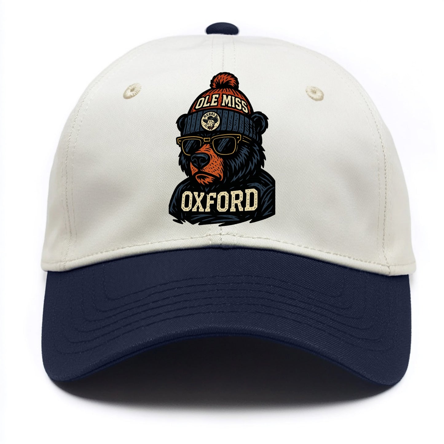 Oxford Black Bear wearing Ole Miss beanie with rebel patch - Two Tone Cap - Navy