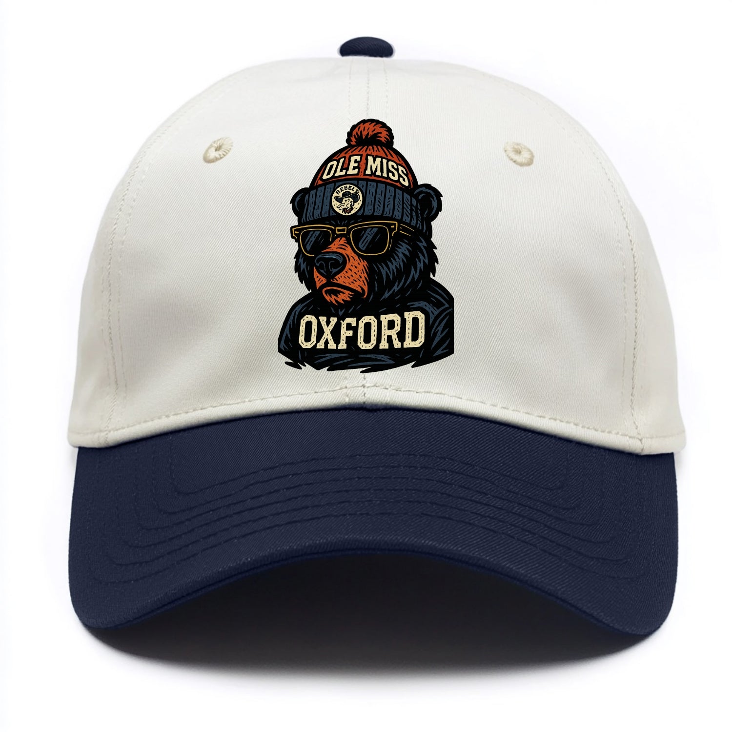 Oxford Black Bear wearing Ole Miss beanie with rebel patch - Two Tone Cap - Navy