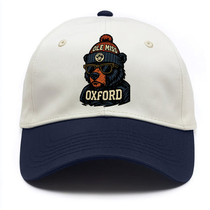 Oxford Black Bear wearing Ole Miss beanie with rebel patch - Two Tone Cap - Navy