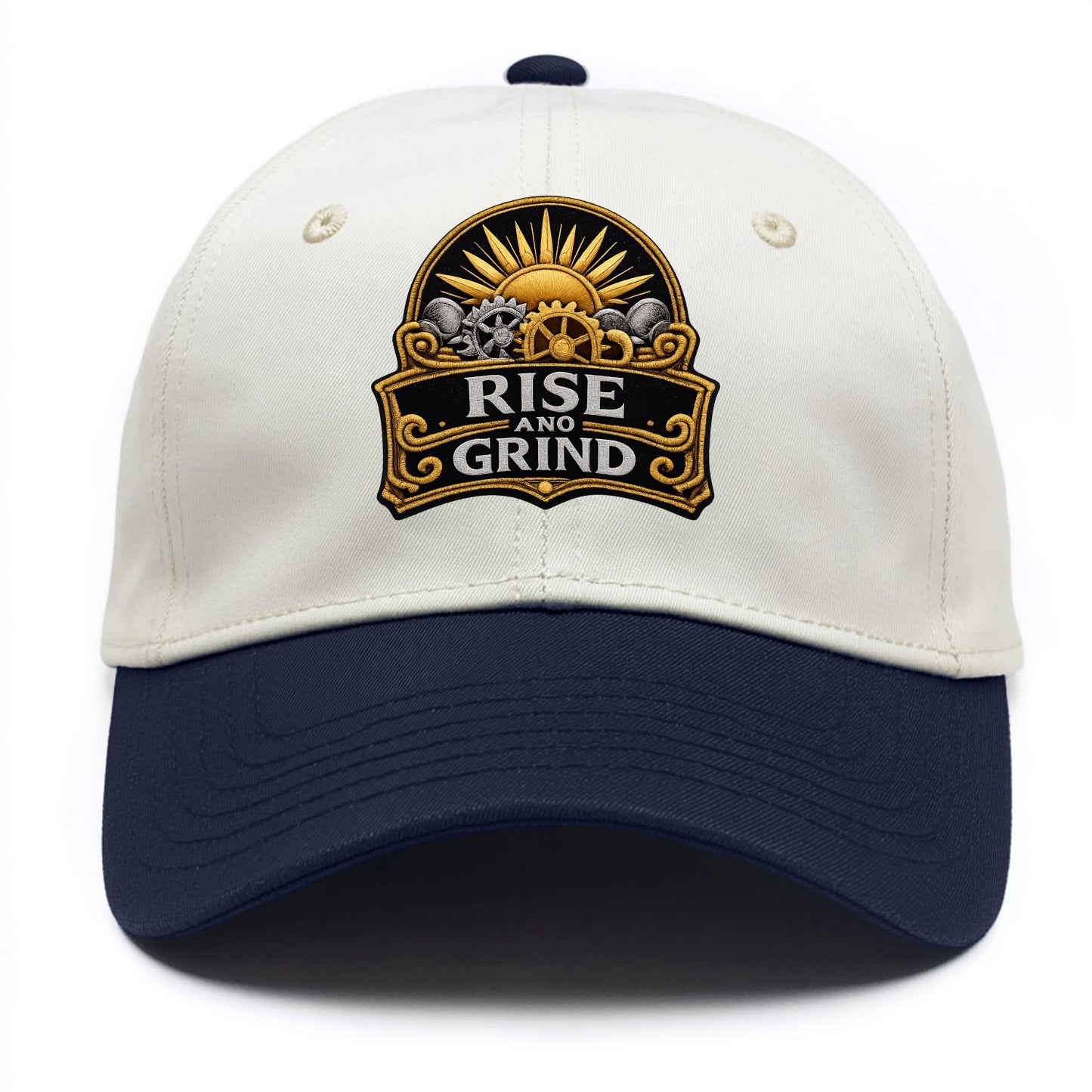 RISE AND GRIND - sun with gears in gold , morning motivation - Two Tone Cap - Navy