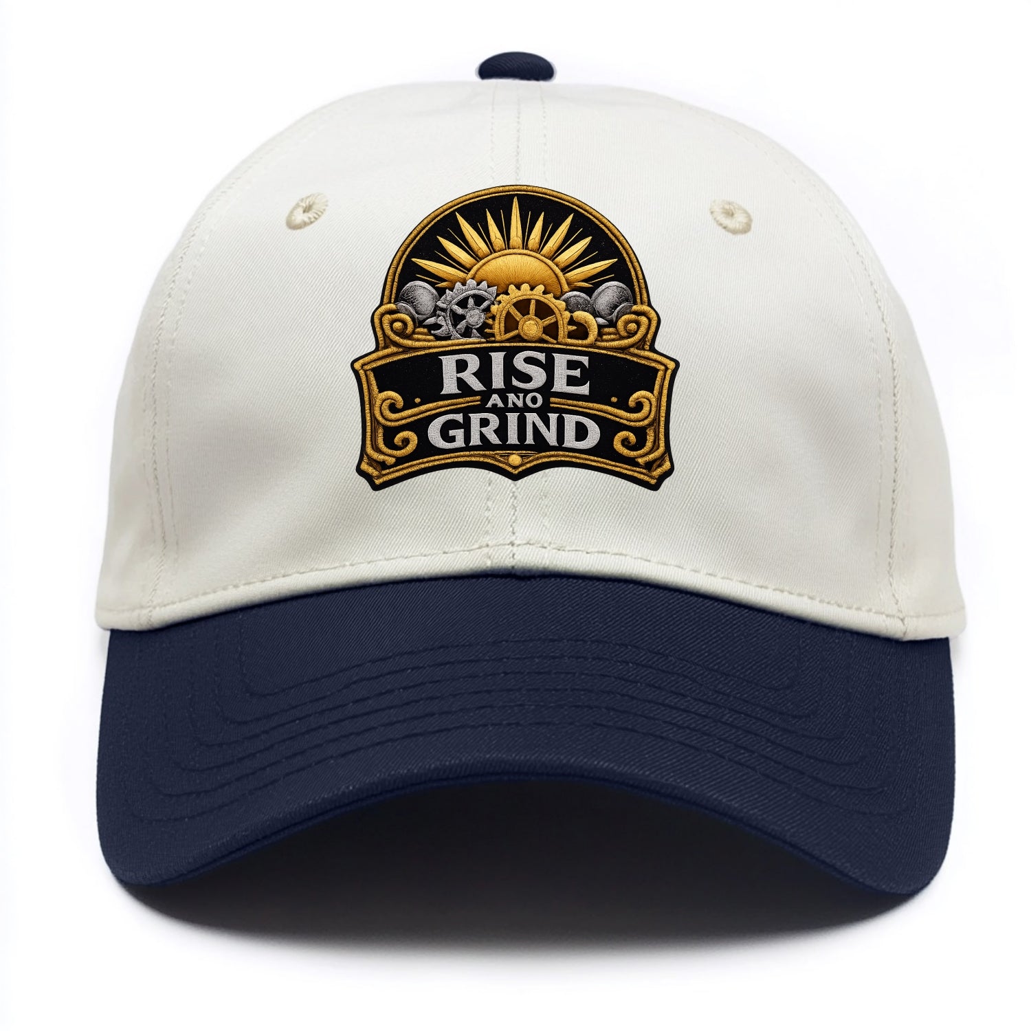 RISE AND GRIND - sun with gears in gold , morning motivation - Two Tone Cap - Navy