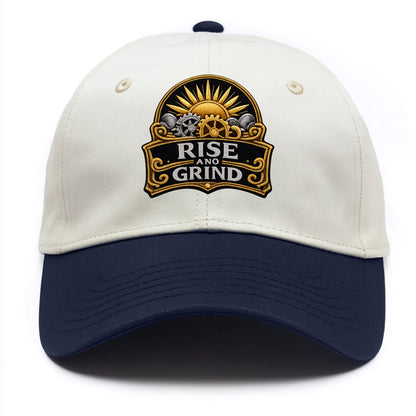 RISE AND GRIND - sun with gears in gold , morning motivation - Two Tone Cap - Navy