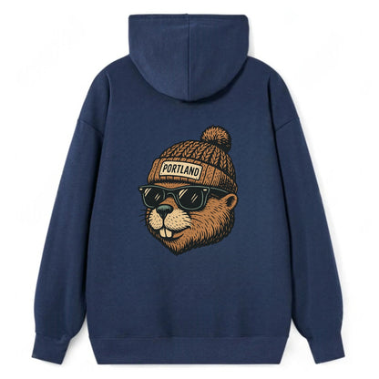 Portland Beaver wearing Portland beanie with pom pom and wayfarer - Classic Pullover Hoodie - Navy