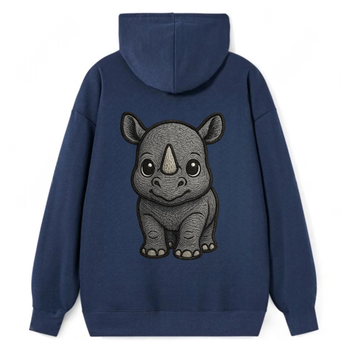 Baby Rhino - gray armor skin, tiny horn nub, round eyes, front-facing, - Classic Pullover Hoodie - Navy