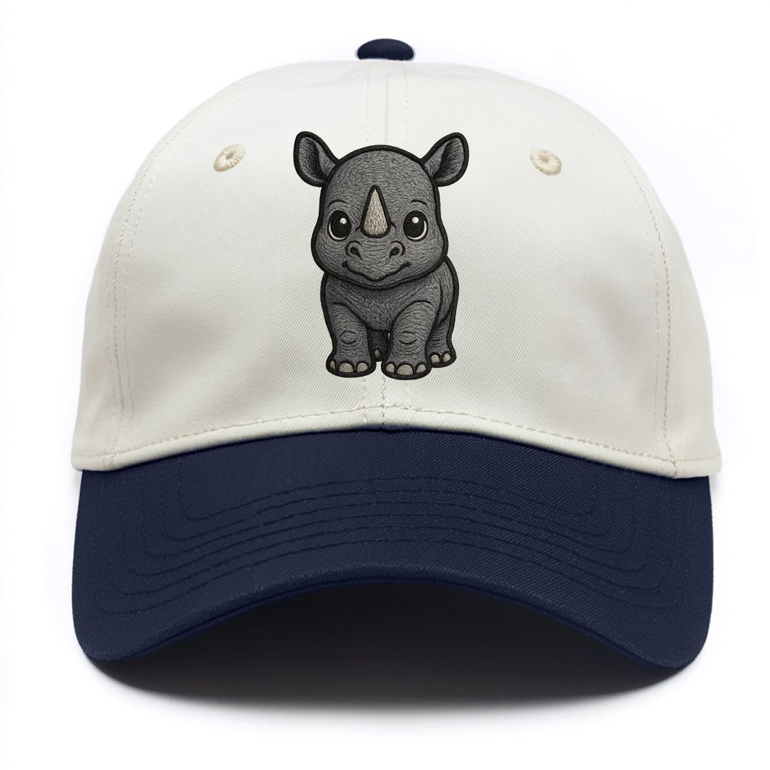 Baby Rhino - gray armor skin, tiny horn nub, round eyes, front-facing, tank baby - Two Tone Cap - Navy