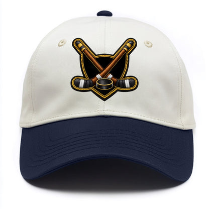 Embroidered patch design - HOCKEY CROSSED STICKS - ice hockey sticks with puck in - Two Tone Cap - Navy