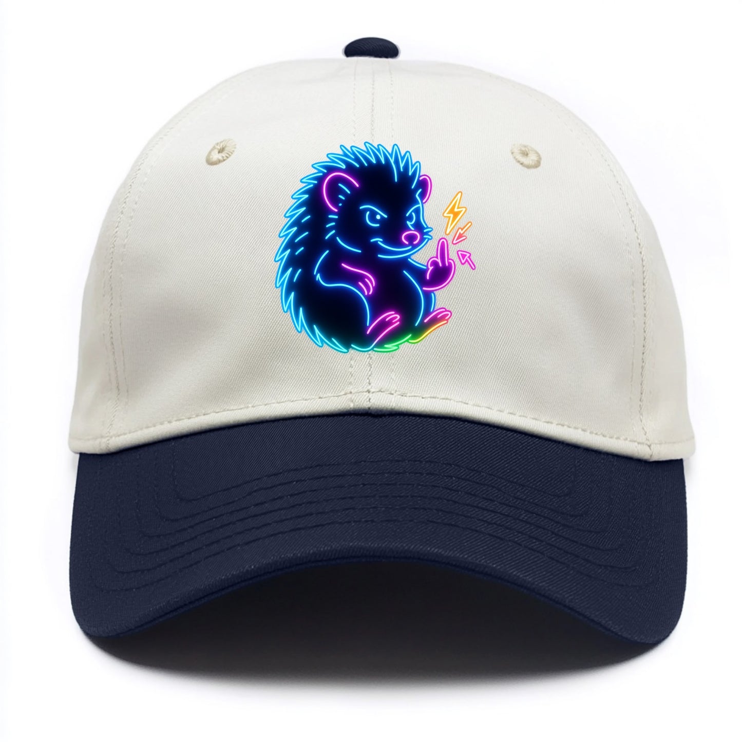 tiny hedgehog curled up slightly, one little paw raised flipping the bird - Two Tone Cap - Navy